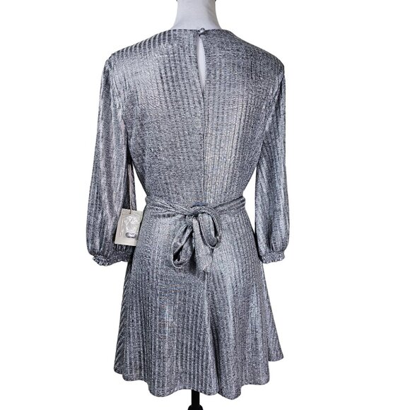 Tularosa Dries Mini Dress Sz M Silver Metallic Belted Pleated Cocktail Party - Picture 3 of 16